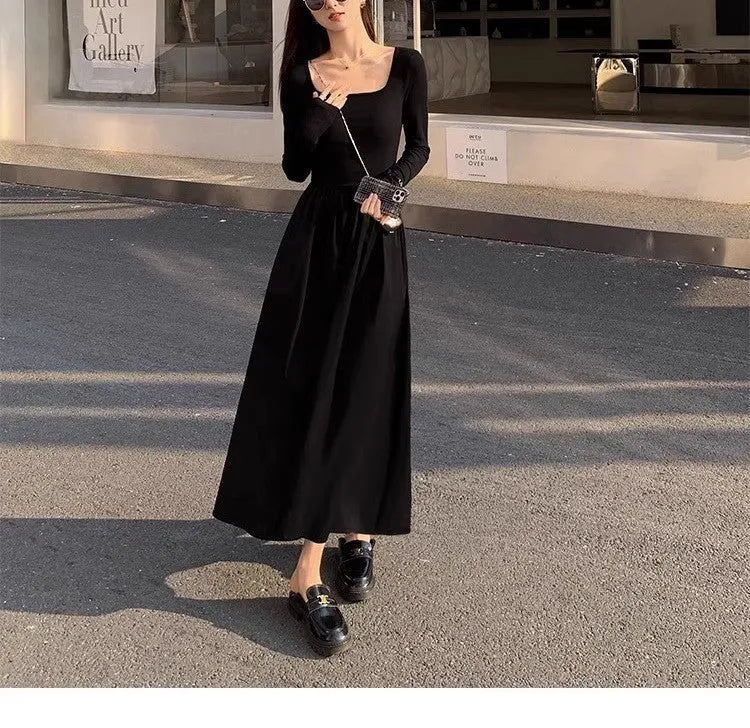 Black square collar knitted dress with elastic waist and long A-line skirt