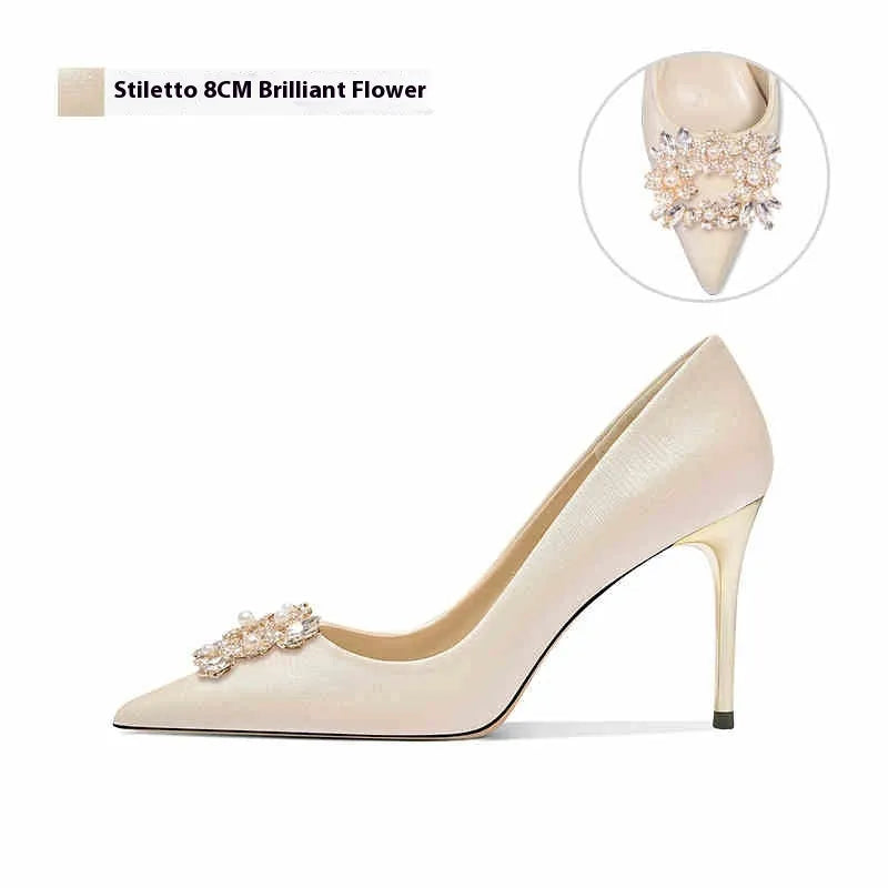 French crystal bridal high heels with rhinestone decoration and pointed toe in stiletto and cat heel options