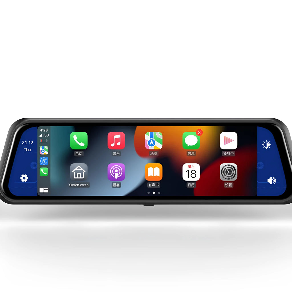 Black dual-lens driving recorder with 9.66-inch touch screen mounted on car rearview mirror.