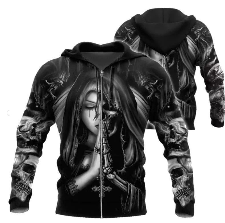 A black hooded sweatshirt with a large 3D graphic skull print on the front, showing long sleeves and a hood.