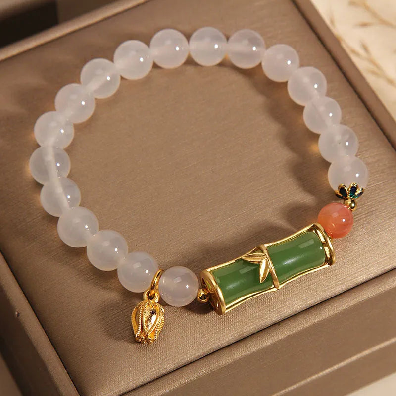 White agate and jade bamboo beaded bracelet in Chinese style for women.