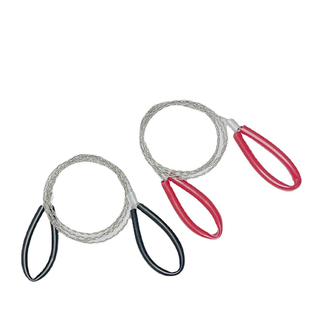 Close-up of a black coiled stainless steel wire survival saw with a total length of 70cm.