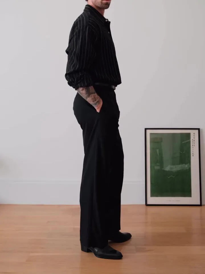 Black pinstriped button-down polyester shirt with regular fit for daily wear