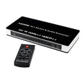 Black HDMI audio video switch unit with remote control for four input sources.