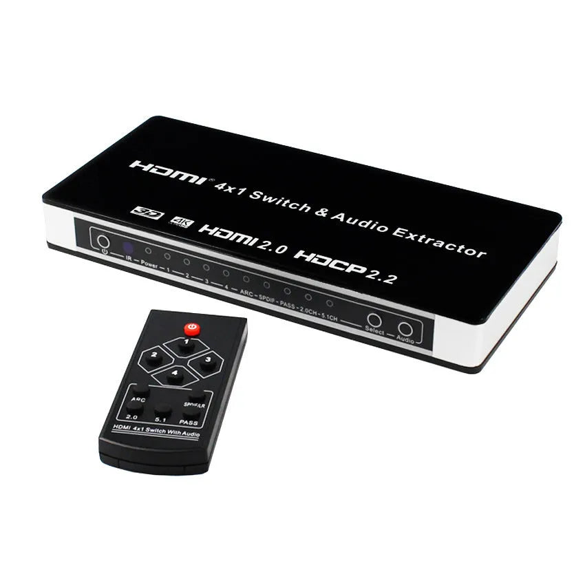 Black HDMI audio video switch unit with remote control for four input sources.