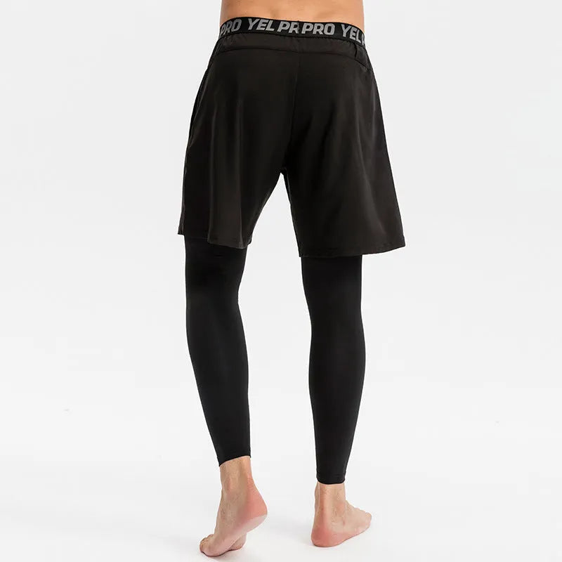 Men's grey quick-drying high elastic tight fitness pants for running and training.