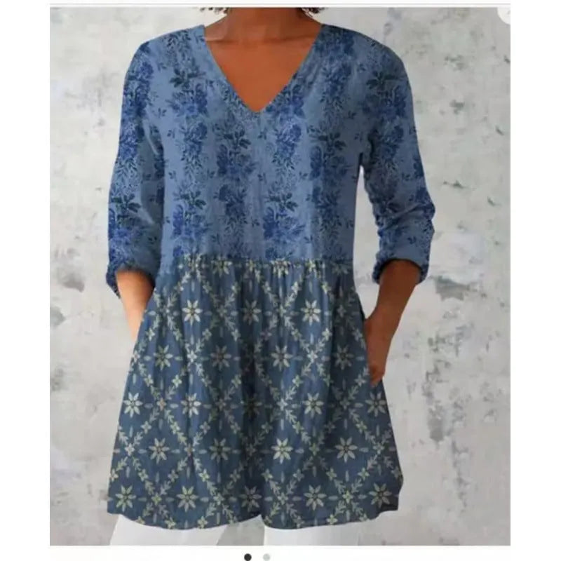 Women's printed dress with wave pattern, 3/4 sleeves and loose wide waist fit