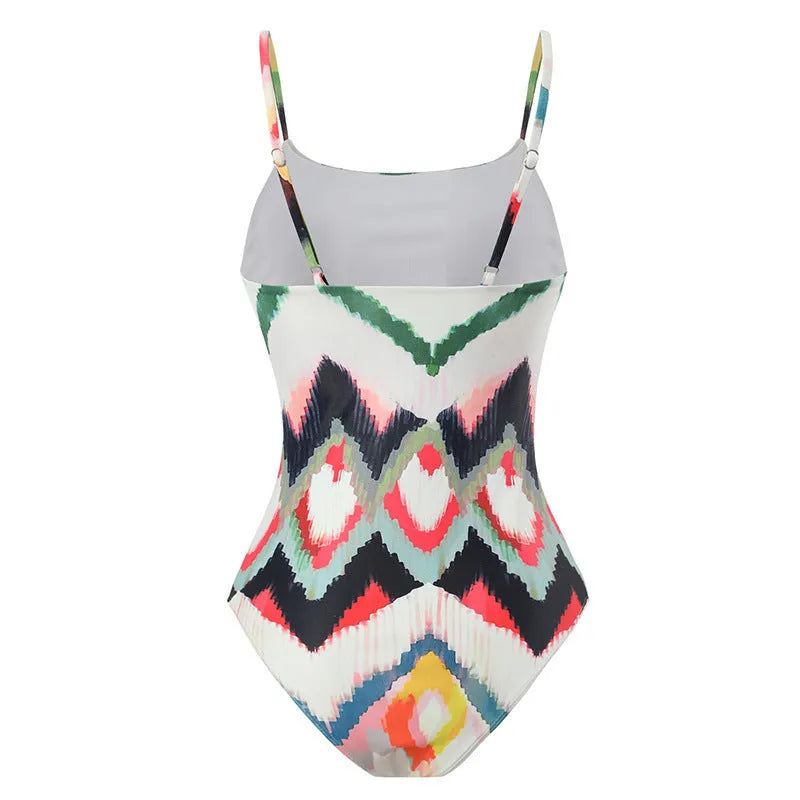 Women's swimsuit options: one-piece, two-piece, and style with detachable hip skirt in printed polyester fabric.