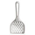 Grey plastic cat litter scoop with perforations, shown sitting on its attached square base stand.