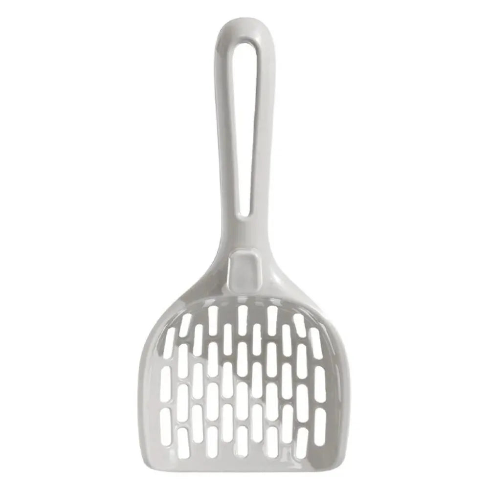 Grey plastic cat litter scoop with perforations, shown sitting on its attached square base stand.