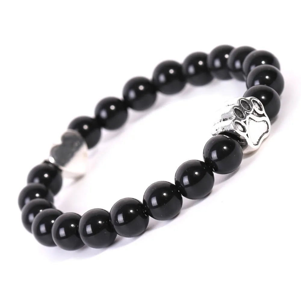 Indian Agate stone Dog's Paw bracelet with geometric Tigereye design and heart shape on round beads.