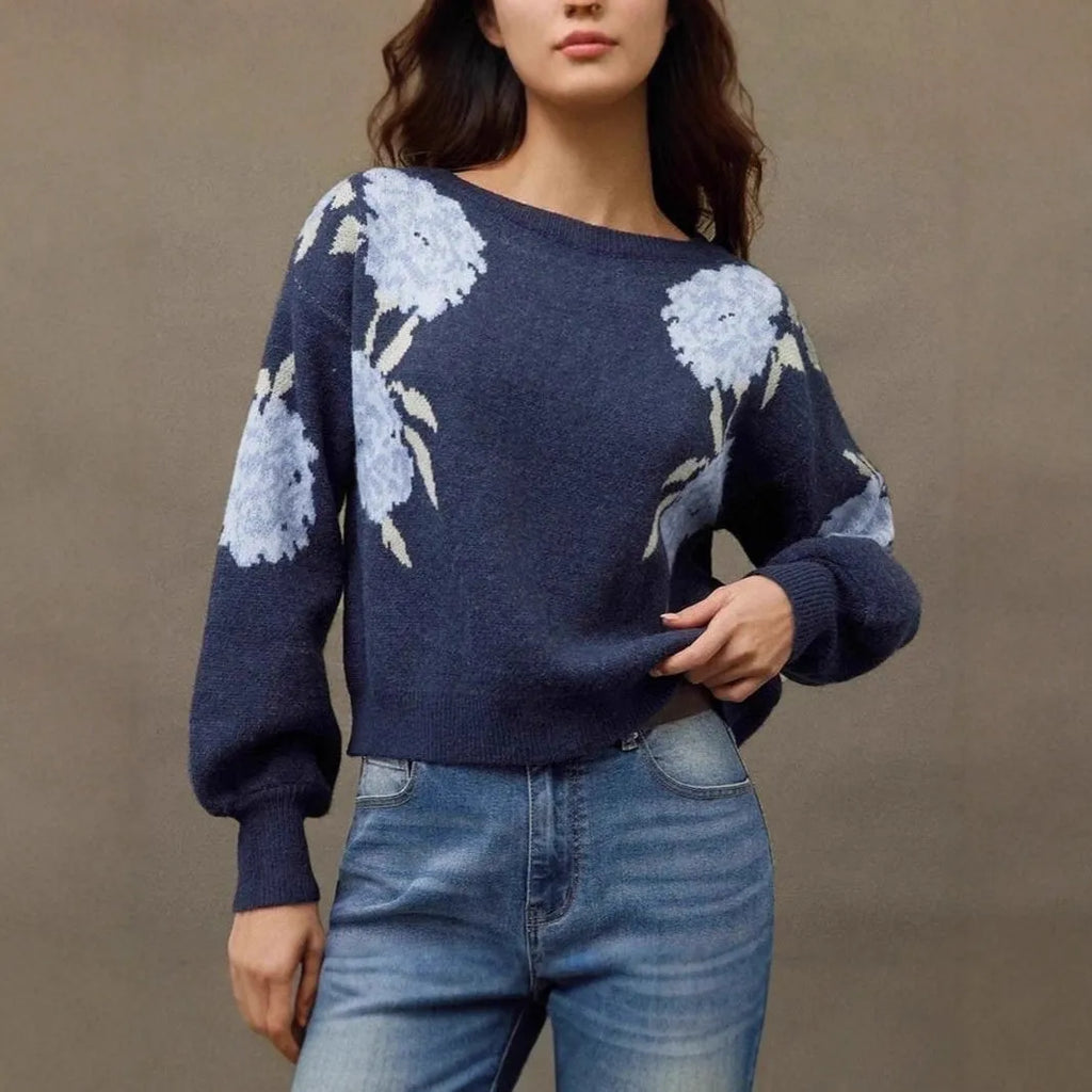 Sapphire blue women's pullover with floral jacquard pattern, off-neck collar, and loose fit