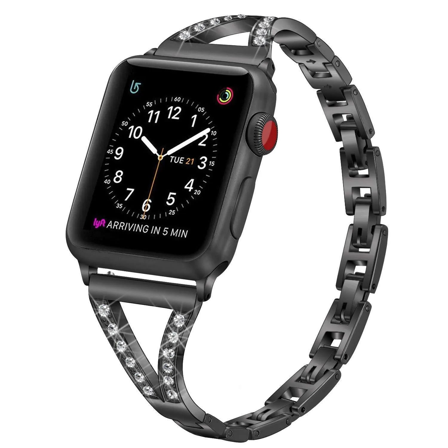 Silver herringbone diamond pattern metal strap for Apple Watch, showing adjustable links and connector lugs.