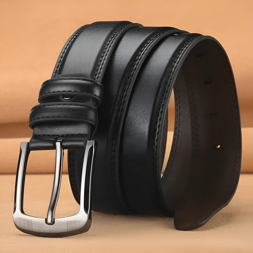 Men's pin buckle cowhide belt in genuine leather with alloy buckle, black colour, 125cm length