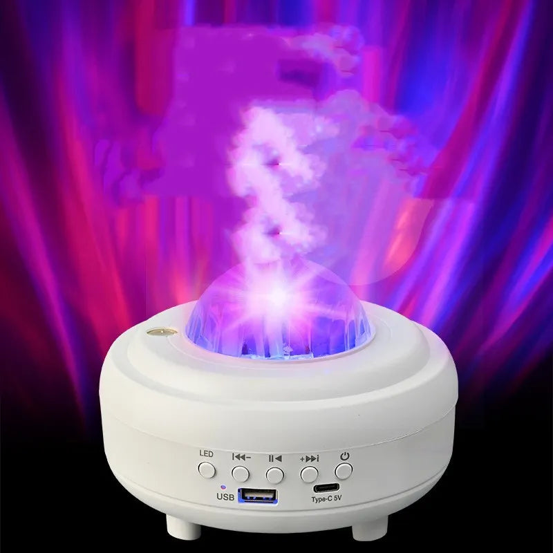 White galaxy star projector night light projecting starry sky patterns with Bluetooth speaker