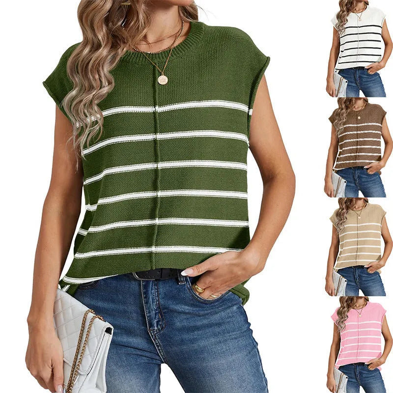 Women's striped sleeveless pullover top with bone stitching in apricot colour
