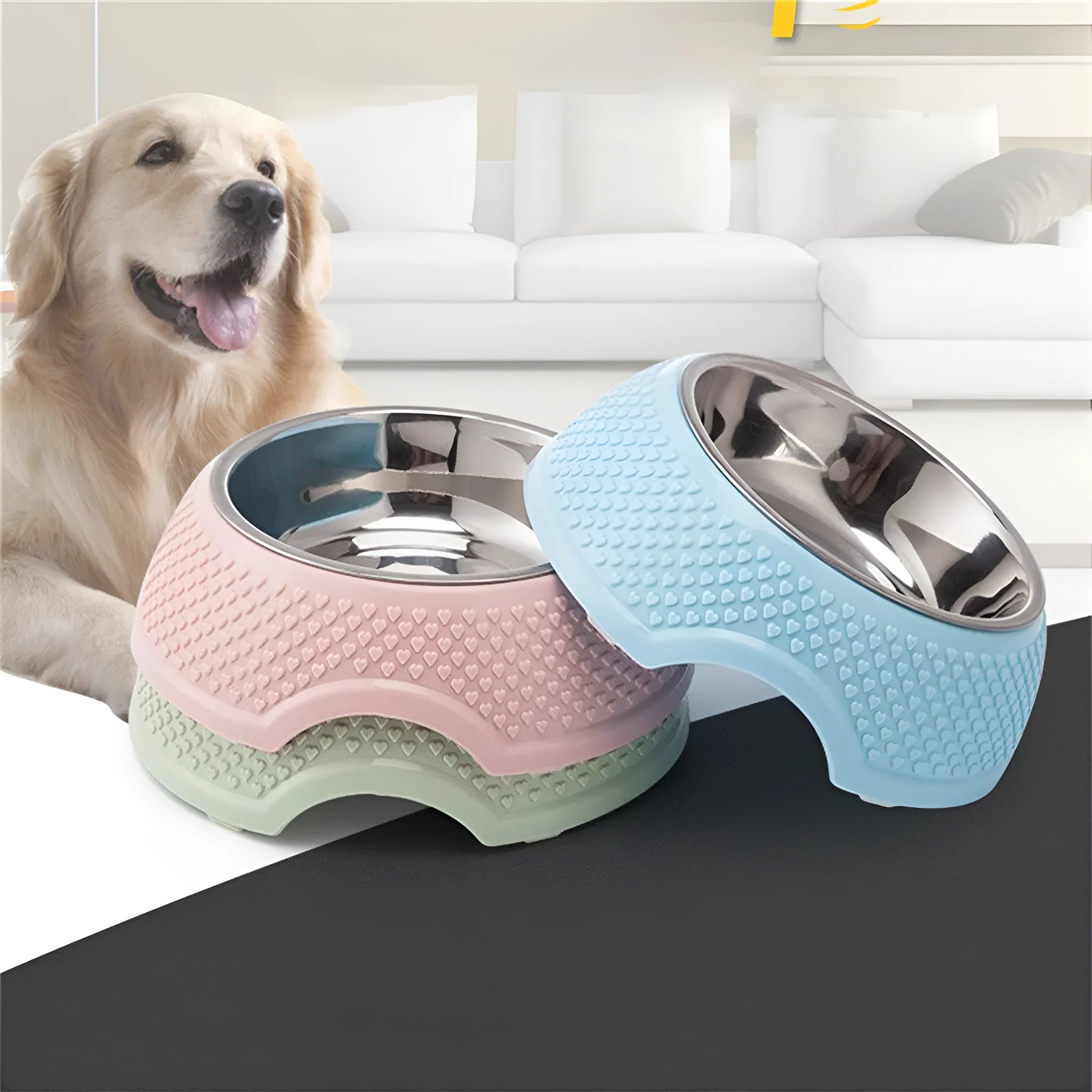 Stainless steel pet bowl with non-slip base in blue colour showing 19cm diameter