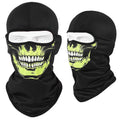 Motorcycle skull mask in Bakool silk fabric showing skull design, laid flat at 36x29 cm.