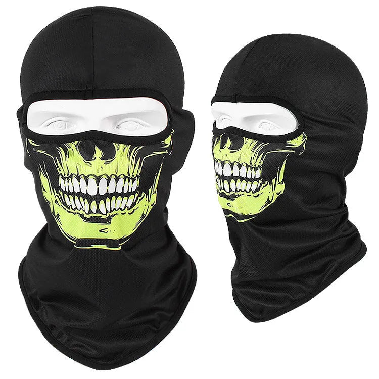 Motorcycle skull mask in Bakool silk fabric showing skull design, laid flat at 36x29 cm.
