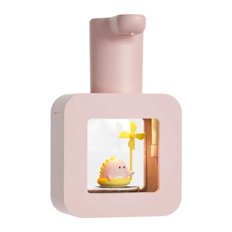 Yellow automatic touchless soap dispenser with unicorn and kitten cartoon designs for children