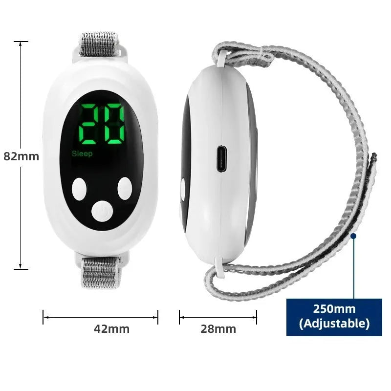 White USB rechargeable sleep aid device with wrist strap and handheld remote control