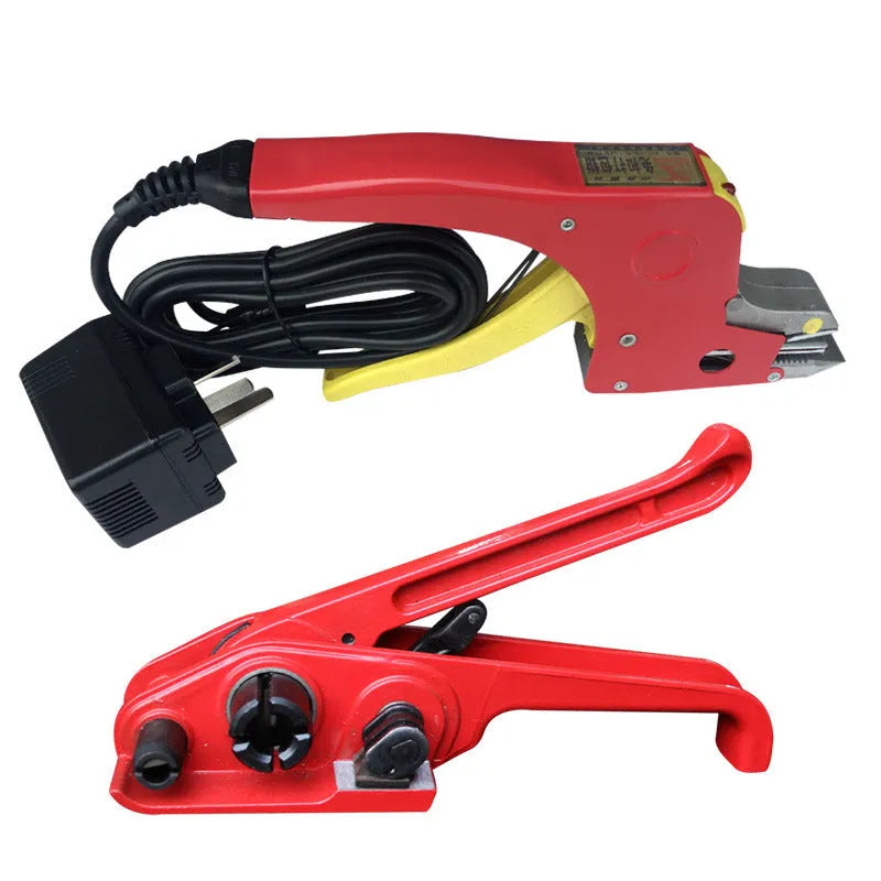 Electric hot melt packing machine with plastic steel tensioner and roll of yellow packaging tape