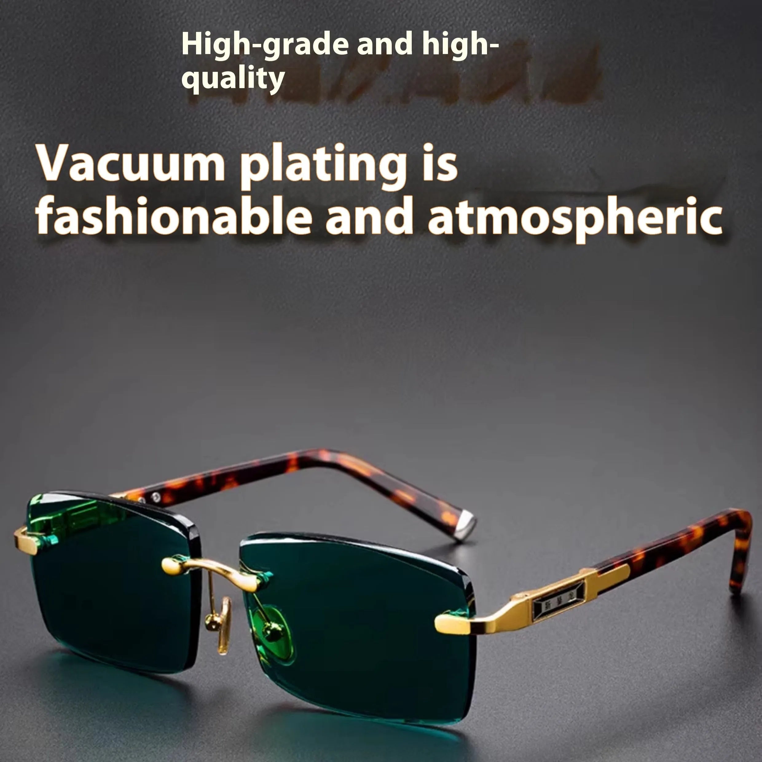 Frameless sunglasses with dark green lenses displayed alongside a protective hard case and cleaning cloth.
