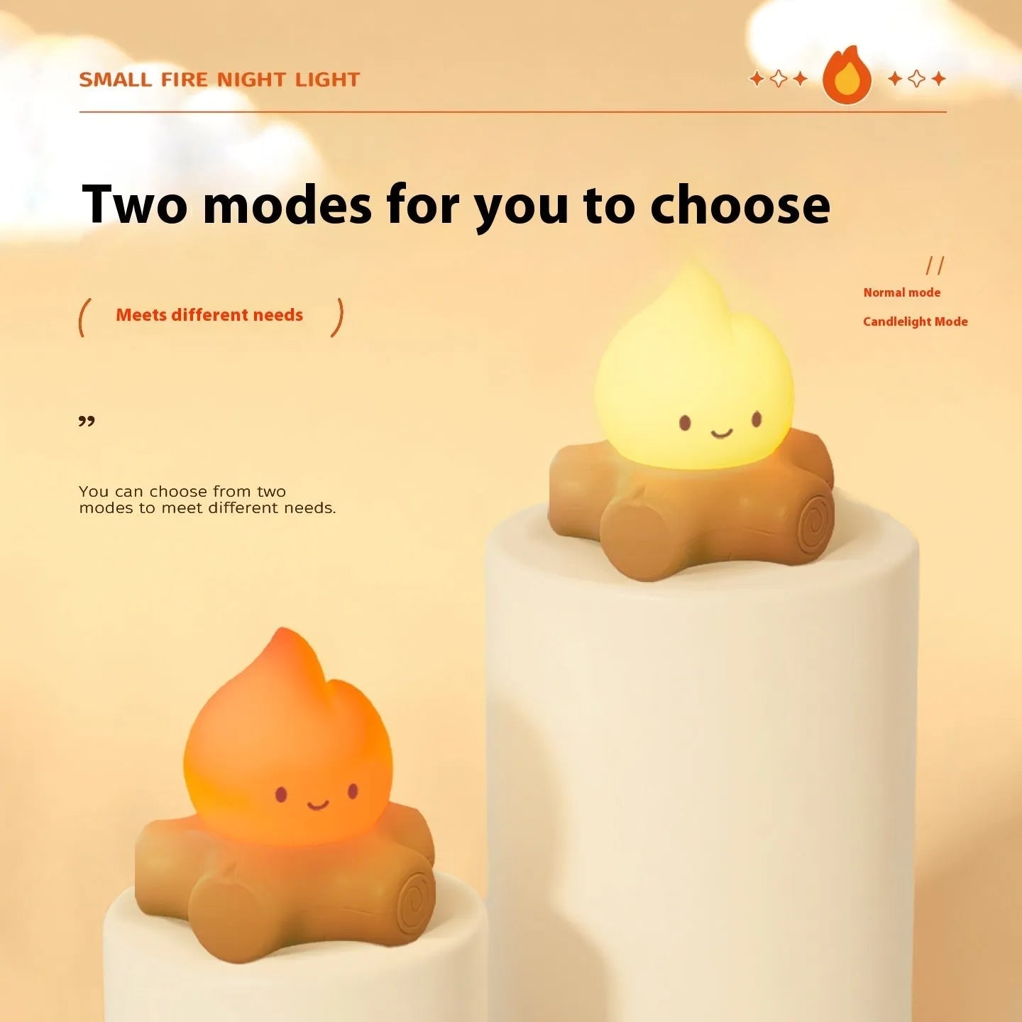 Small cartoon silicone fire pile night light with yellow LED glow and ABS shade on wooden surface.