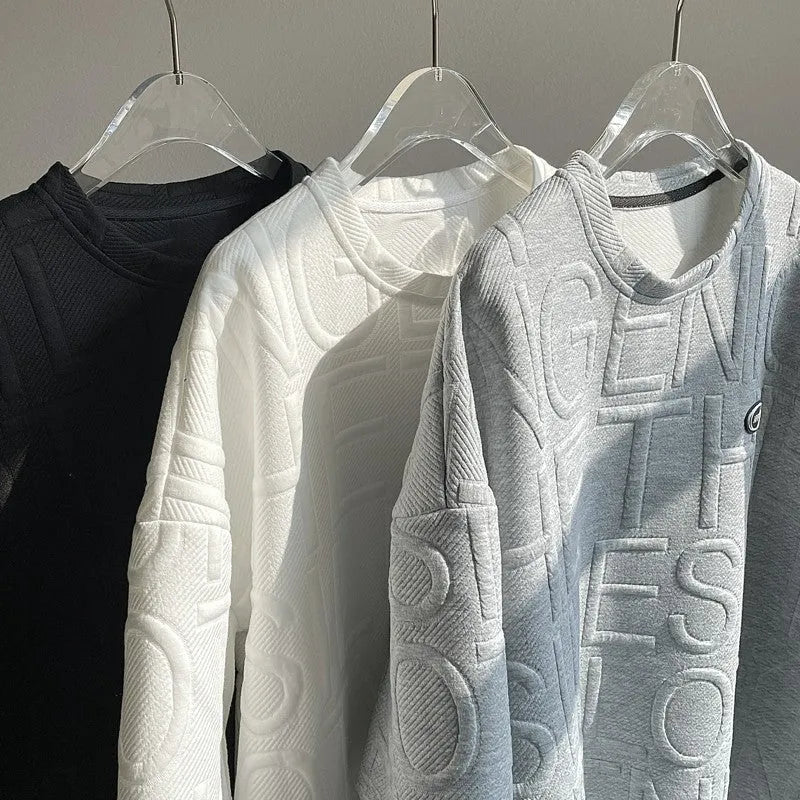 Men's grey t-shirt with raised letter pattern, short sleeves, loose fit