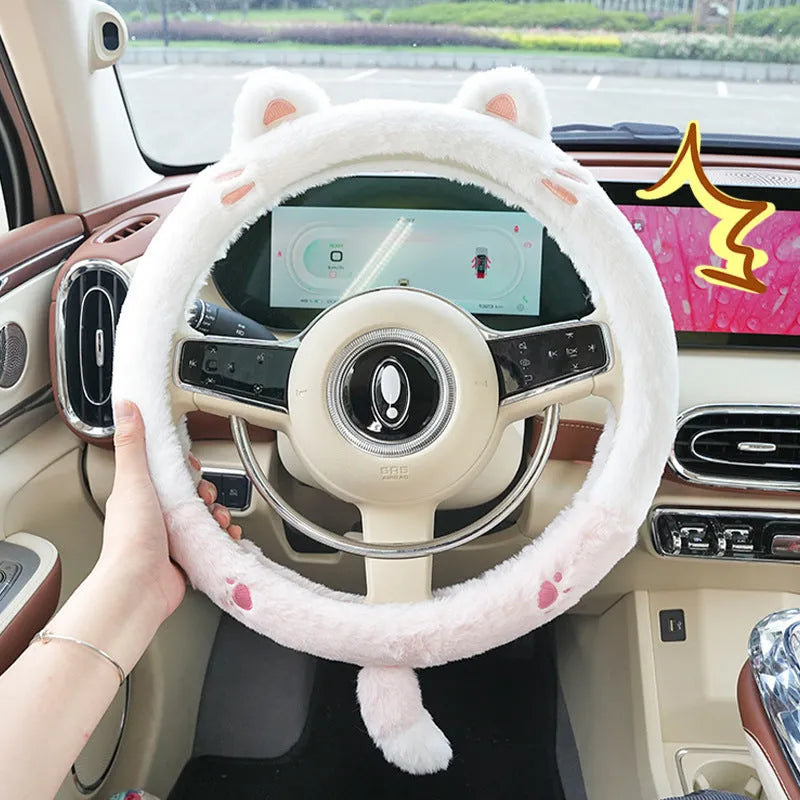 Plush rabbit fur-style steering wheel cover with embroidered cartoon animal design for winter use