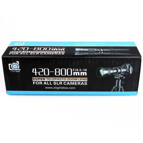 420-800mm manual telephoto zoom camera lens with T-mount adapter shown at full extension