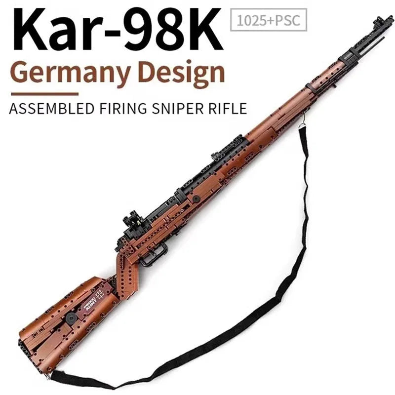 Building blocks toy gun in 98K sniper rifle colour with mechanical bullet launch assembly, gift box packaging