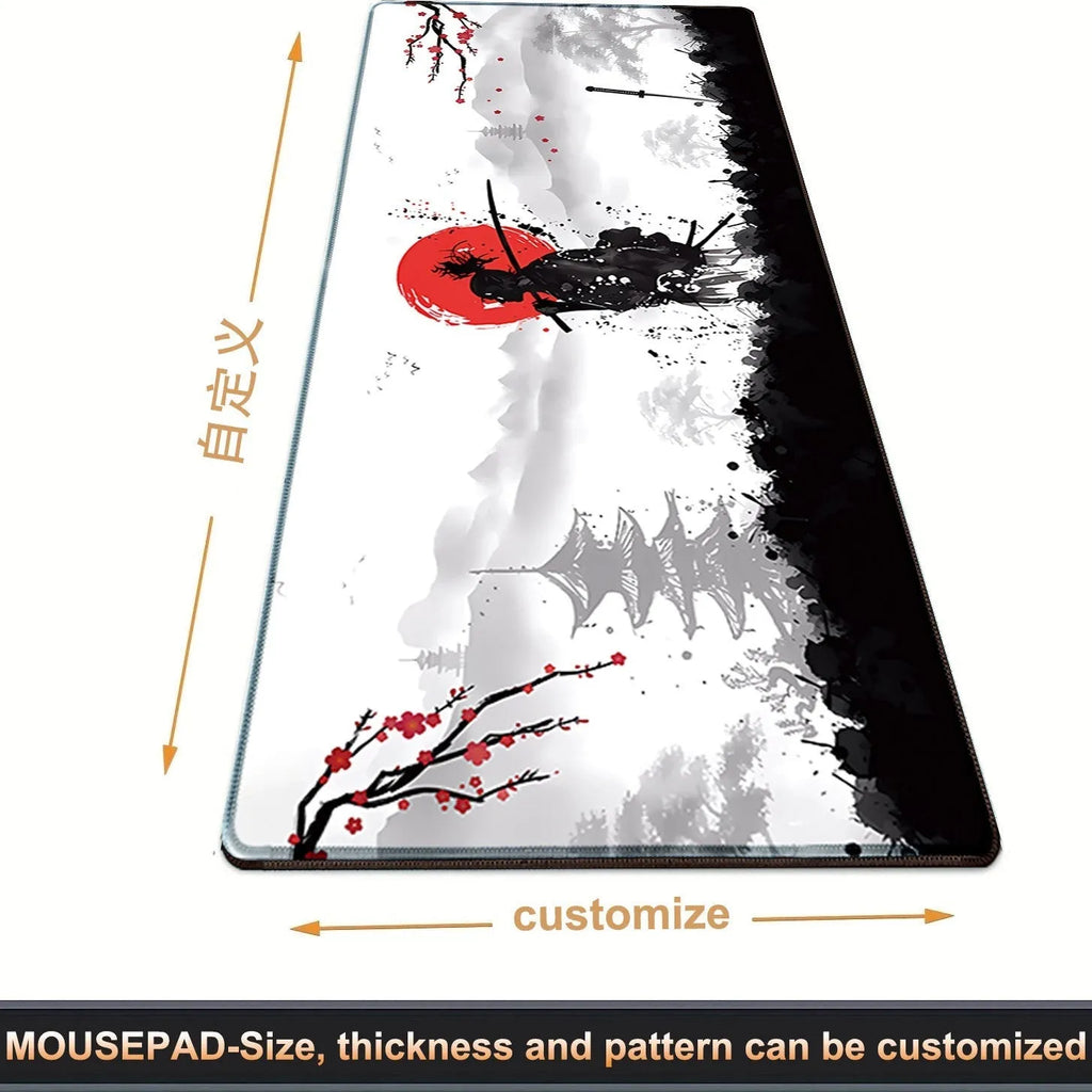 Japanese samurai design cloth gaming mouse pad showing non-slip base and thermal transfer pattern