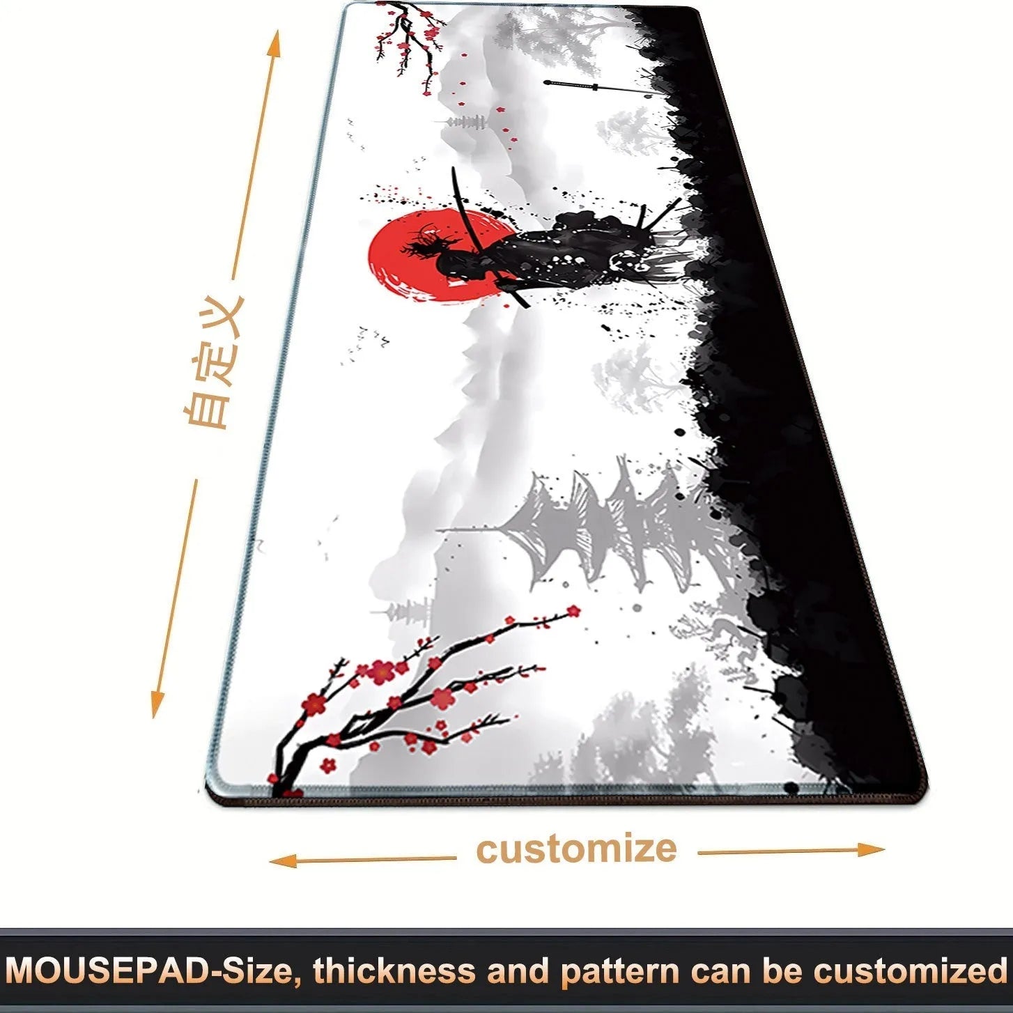 Japanese samurai design cloth gaming mouse pad showing non-slip base and thermal transfer pattern