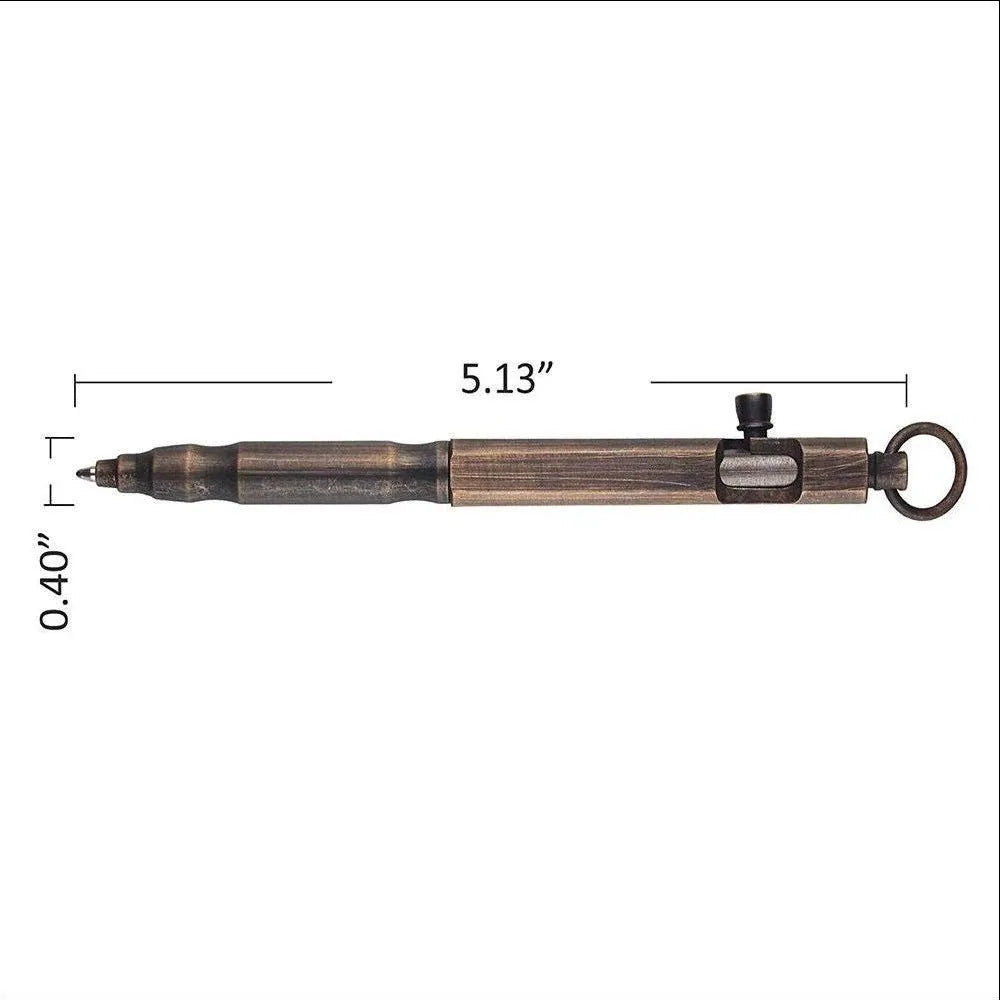 Brass hexagonal tactical pen in natural brass and retro black colours on a black gift box.