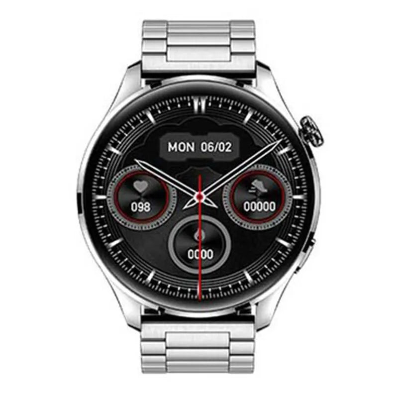 Smart watch with round colour screen on a black silicone strap, showing a call interface.
