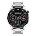 Smart watch with round colour screen on a black silicone strap, showing a call interface.