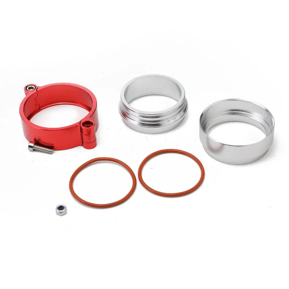 Aluminium fixed movement exhaust clamp for car turbine downspouts in black, blue, or red.