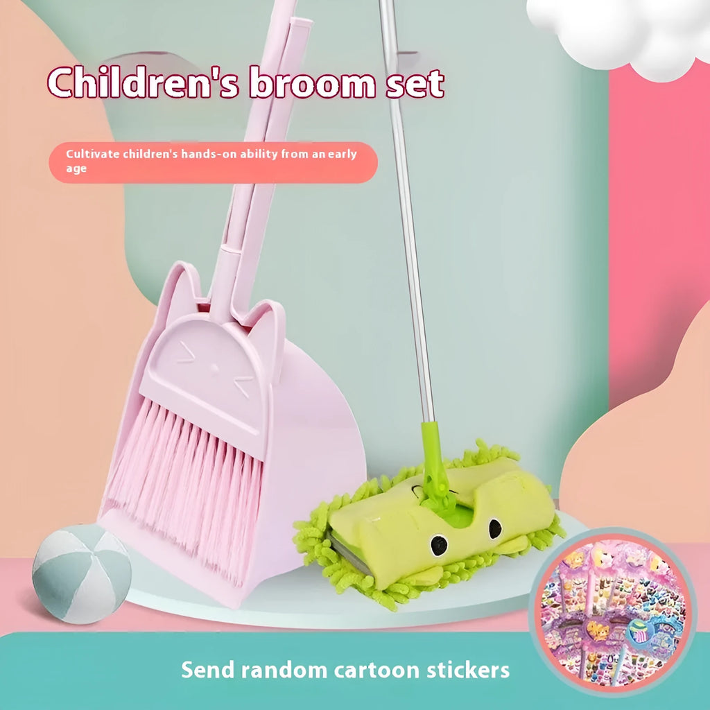 Beige plastic broom and dustpan set standing in a rotating long brush holder.