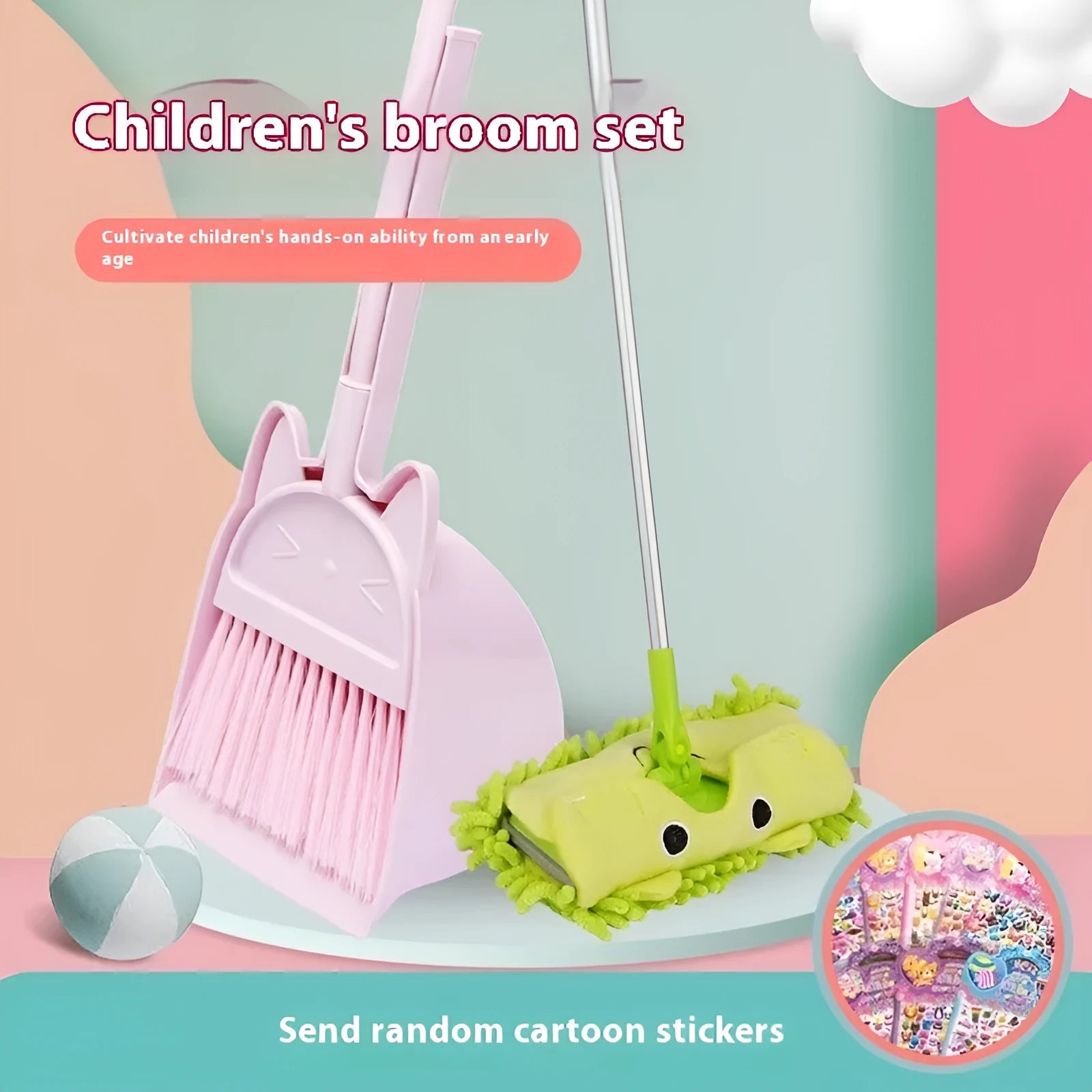Beige plastic broom and dustpan set standing in a rotating long brush holder.