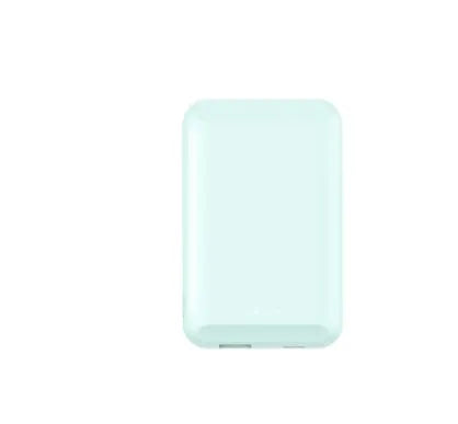 Magnetic wireless power bank in black blue green pink white colours showing 5000mAh capacity