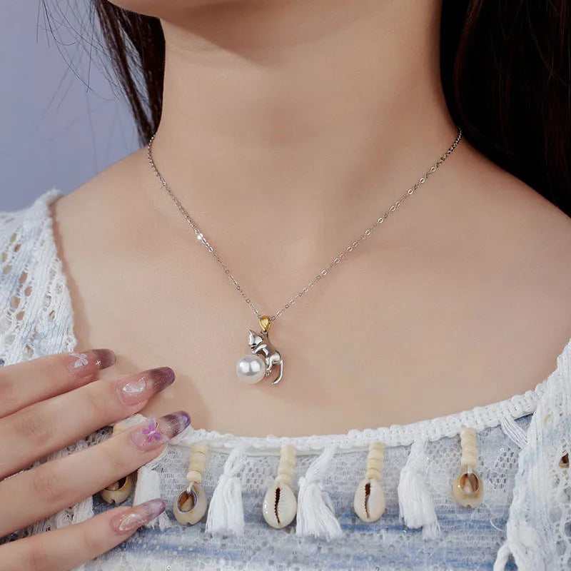 925 sterling silver clavicle chain necklace with cat design elements and electroplated finish