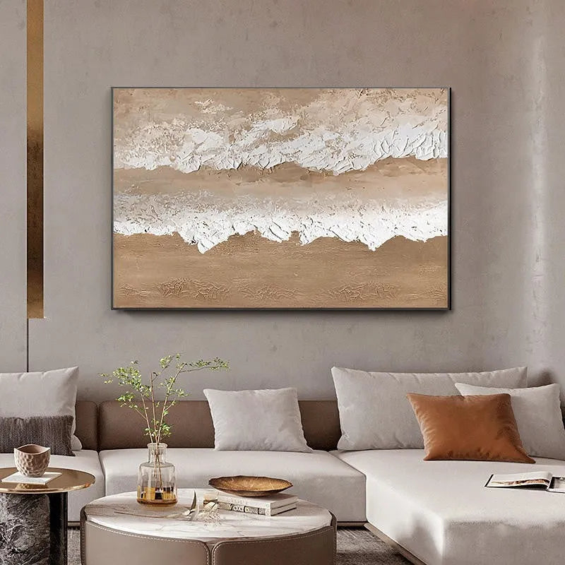Handmade abstract beach landscape oil painting on canvas with brown texture for wall decoration