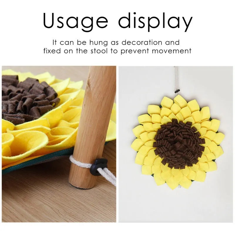 Yellow sunflower snuffle mat for dog nosework training with rope attachment