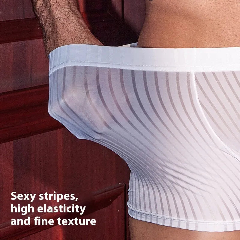 Men's black striped nylon boxer briefs showing vertical pattern and elastic waistband.