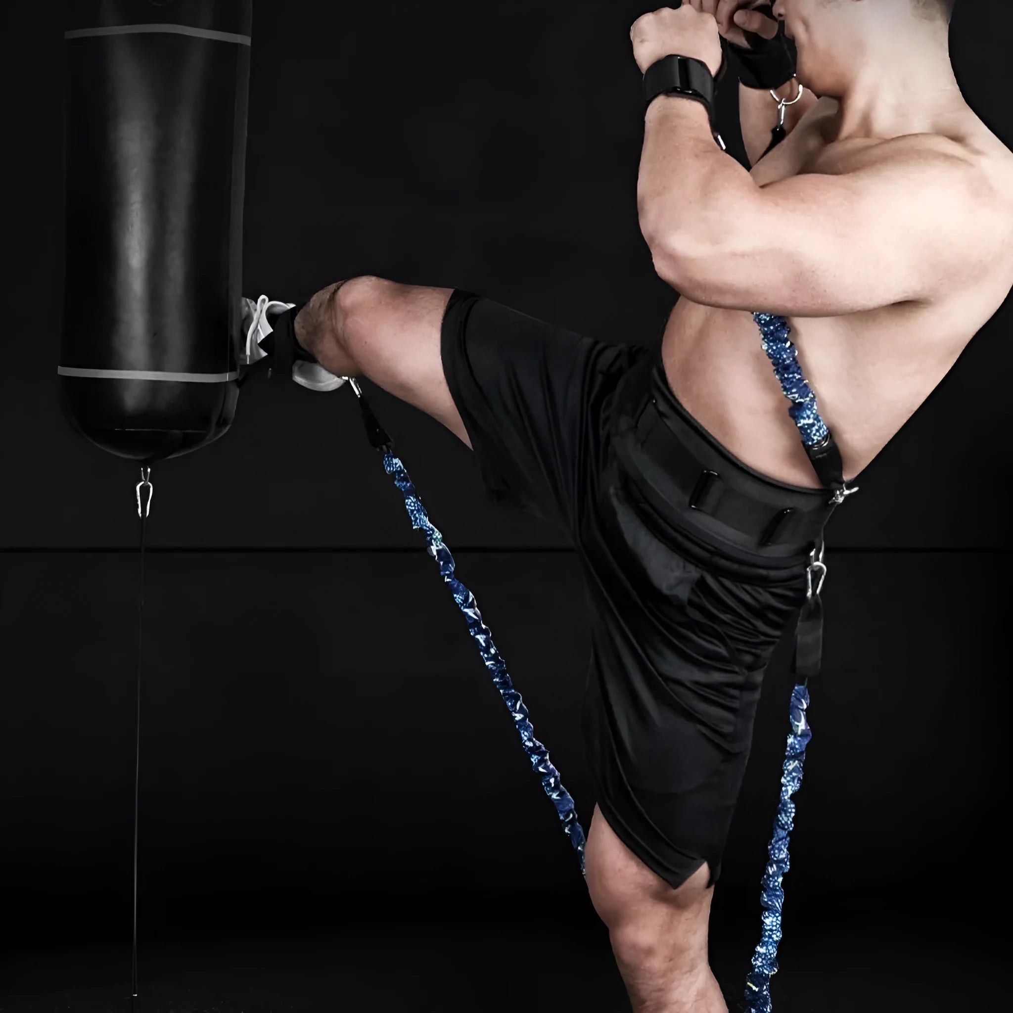 TPE elastic chest expander belt with colour-coded sleeves indicating 100-300 pound resistance levels