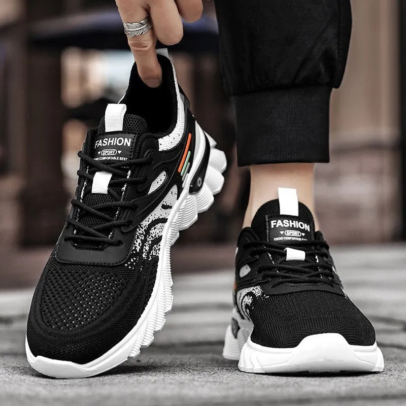 Men's white blue and black platform casual sports running shoes with mesh upper and cross straps.
