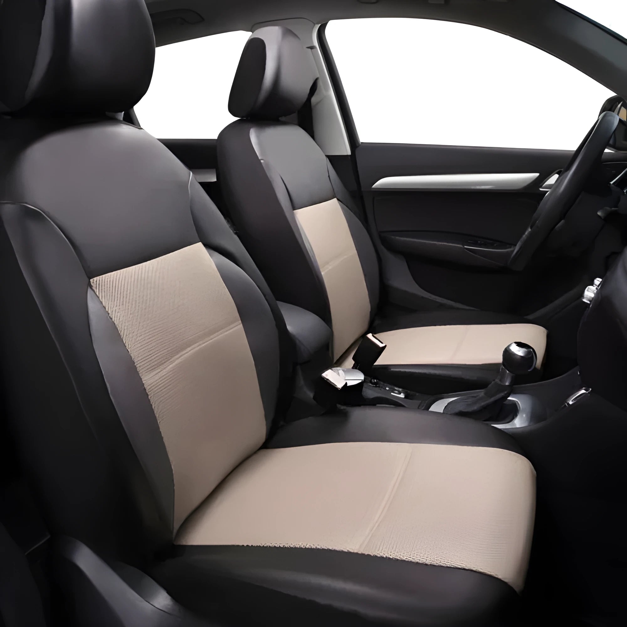 Black artificial leather car seat covers installed on front and rear seats of a vehicle