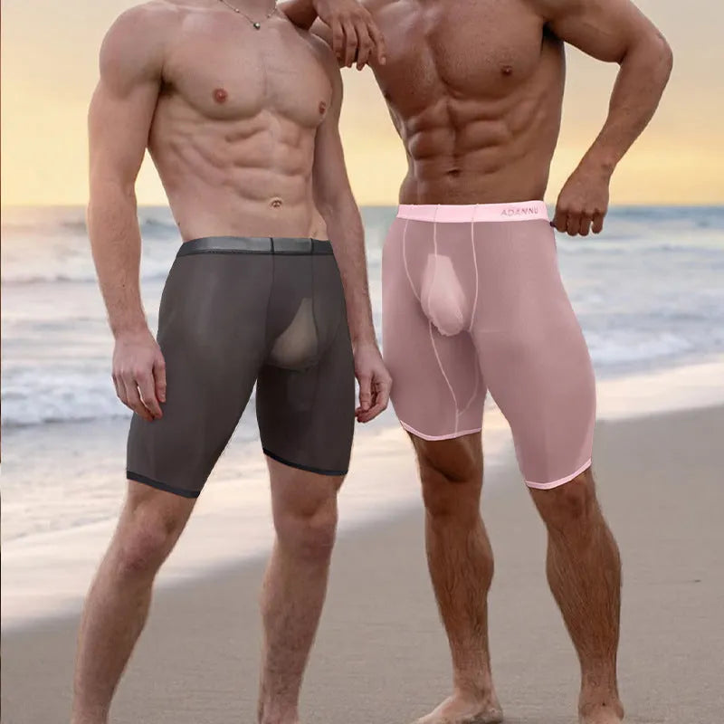 Men's seamless black nylon mesh shorts with hip-lifting function for homewear
