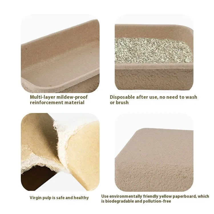 Brown disposable cat litter box showing its waterproof, degradable material and one of three available sizes.